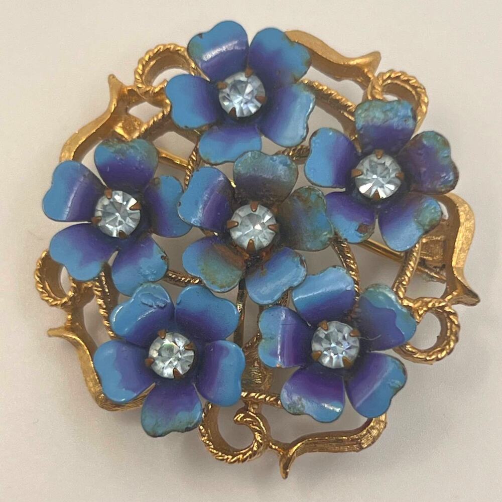 Vintage Avon Enamel Bouquet of Flowers Brooch Pin Pendant with Rhinestone Floral